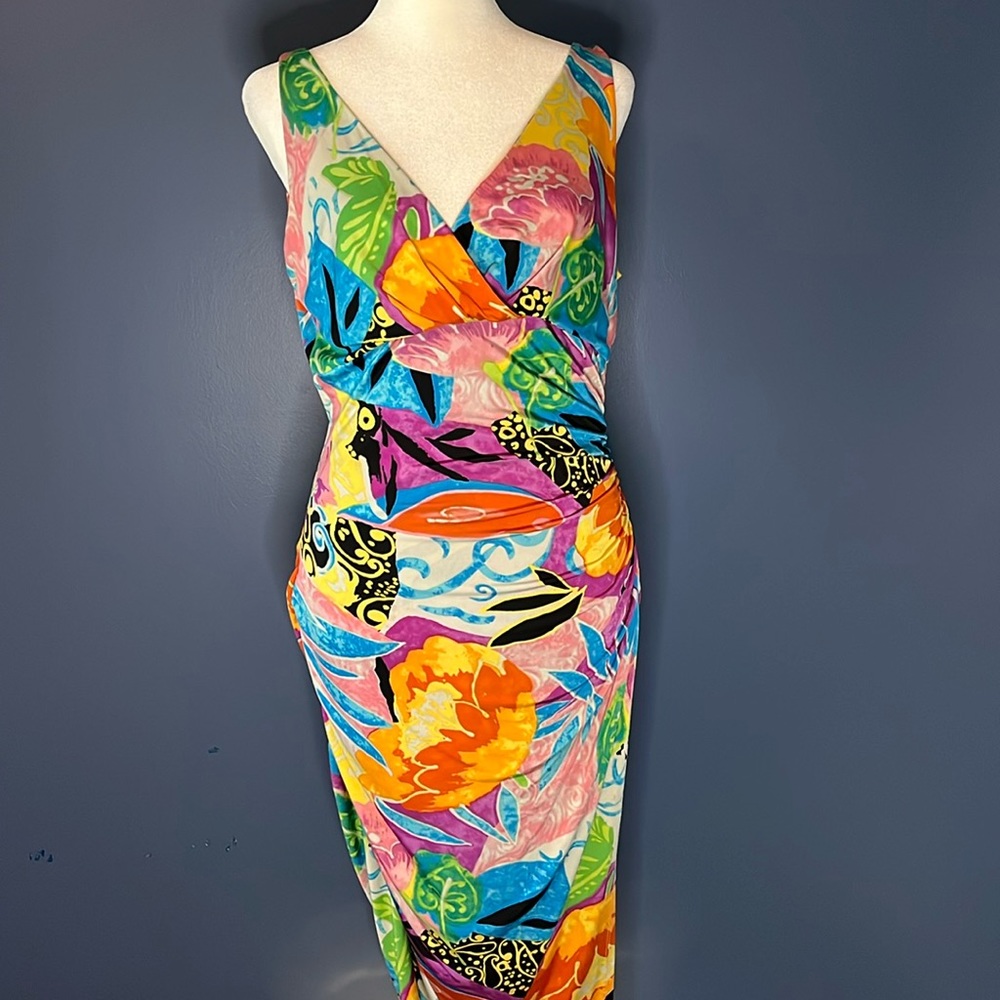 Ralph Lauren- bold pattern wrap dress rushing both sides, bright multi color,